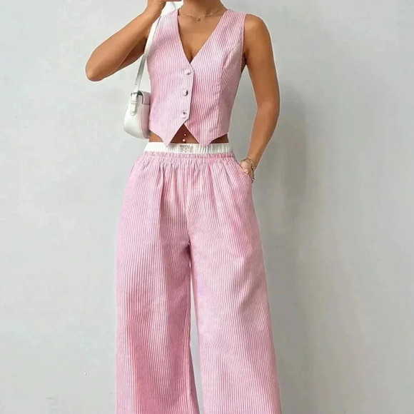 Multicolor Casual Women's Striped Sleeveless V-Neck Top And Pocket Pants Set - Picture 2 of 6